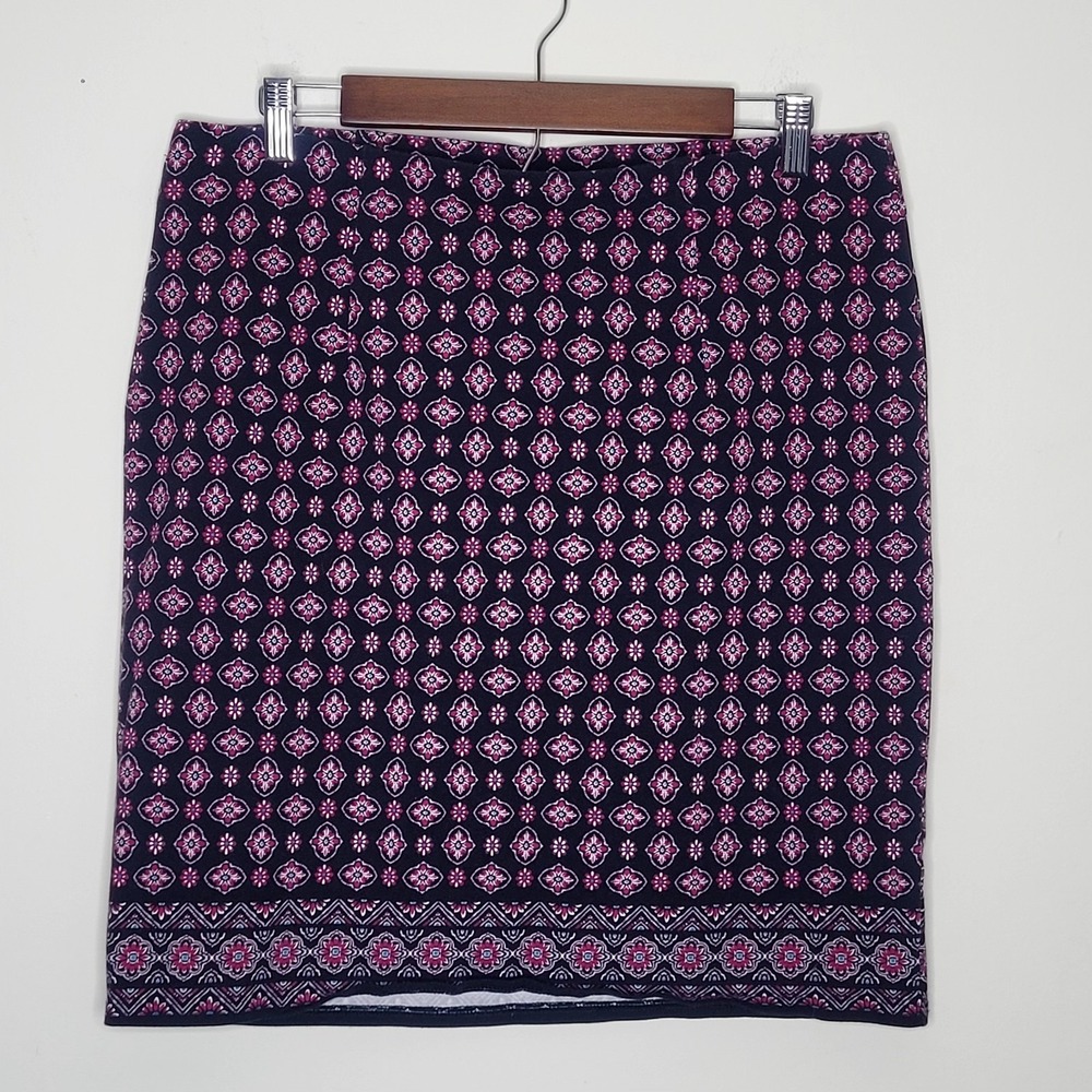 J Jill Sz M Black Pink Stretchy Pull On Boho Tribal Print Mini Pencil Skirt